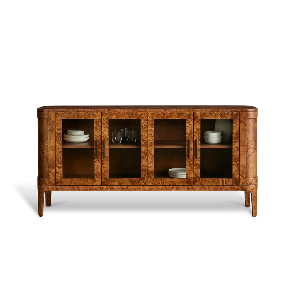 Wooden sideboard with glass doors on a white background