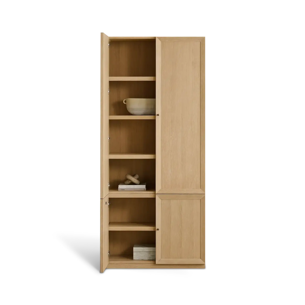 Wooden cabinet with open doors on a white background