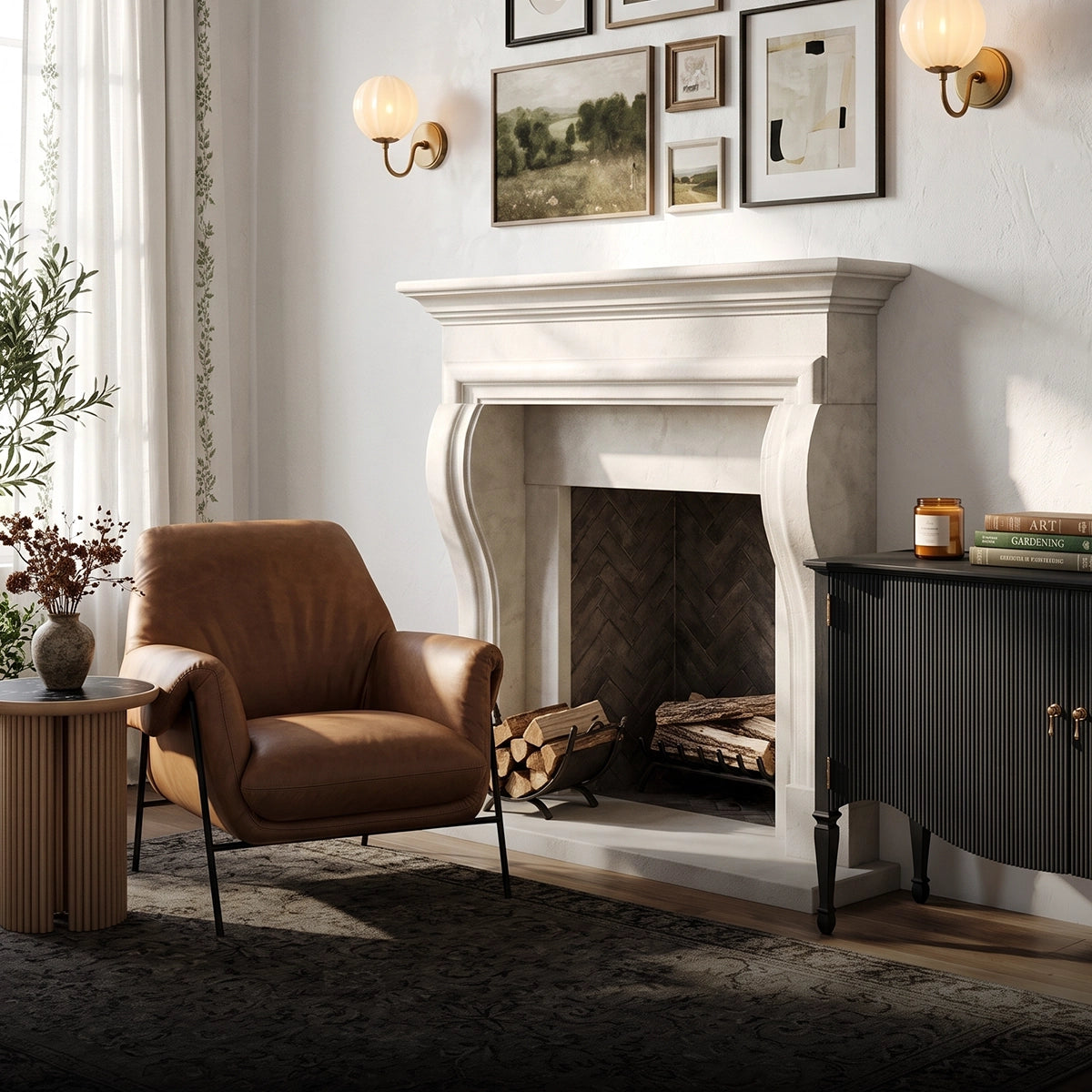 A styled interior scene featuring a white marble fireplace mantel with a dark wood firebox, a brown leather armchair, a dark ribbed cabinet, wall sconces, framed art, and a patterned rug.