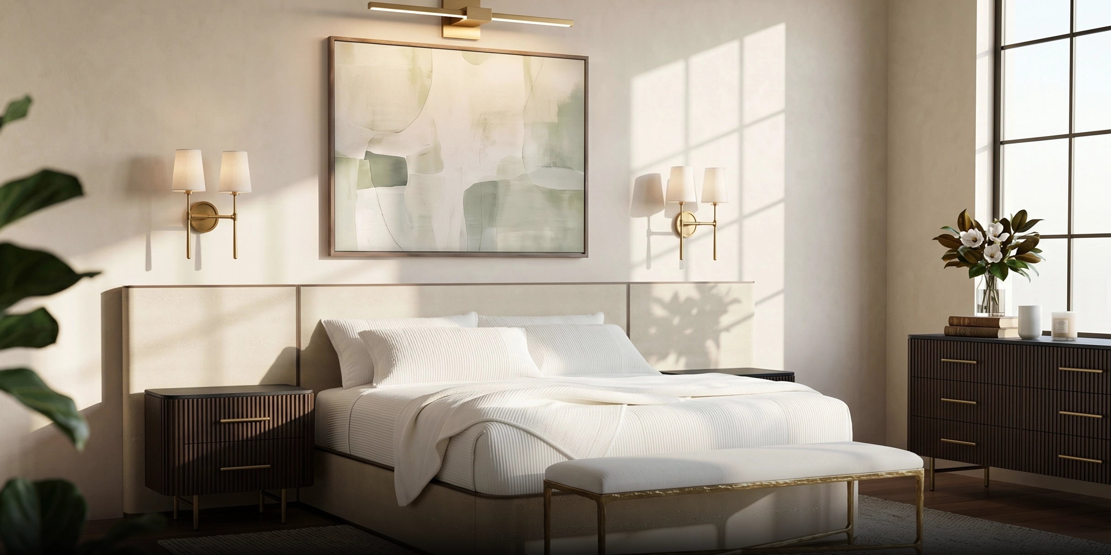 A modern bedroom interior featuring a bed dressed in white linens, a matching upholstered bench at the foot, dark wood nightstands, a dark wood dresser with flowers, wall sconces, and a large framed abstract artwork above the bed.