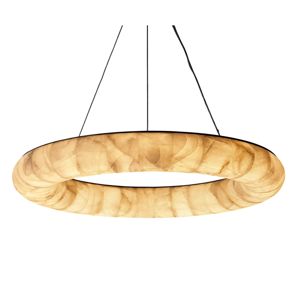 Wooden ring pendant light on a white background